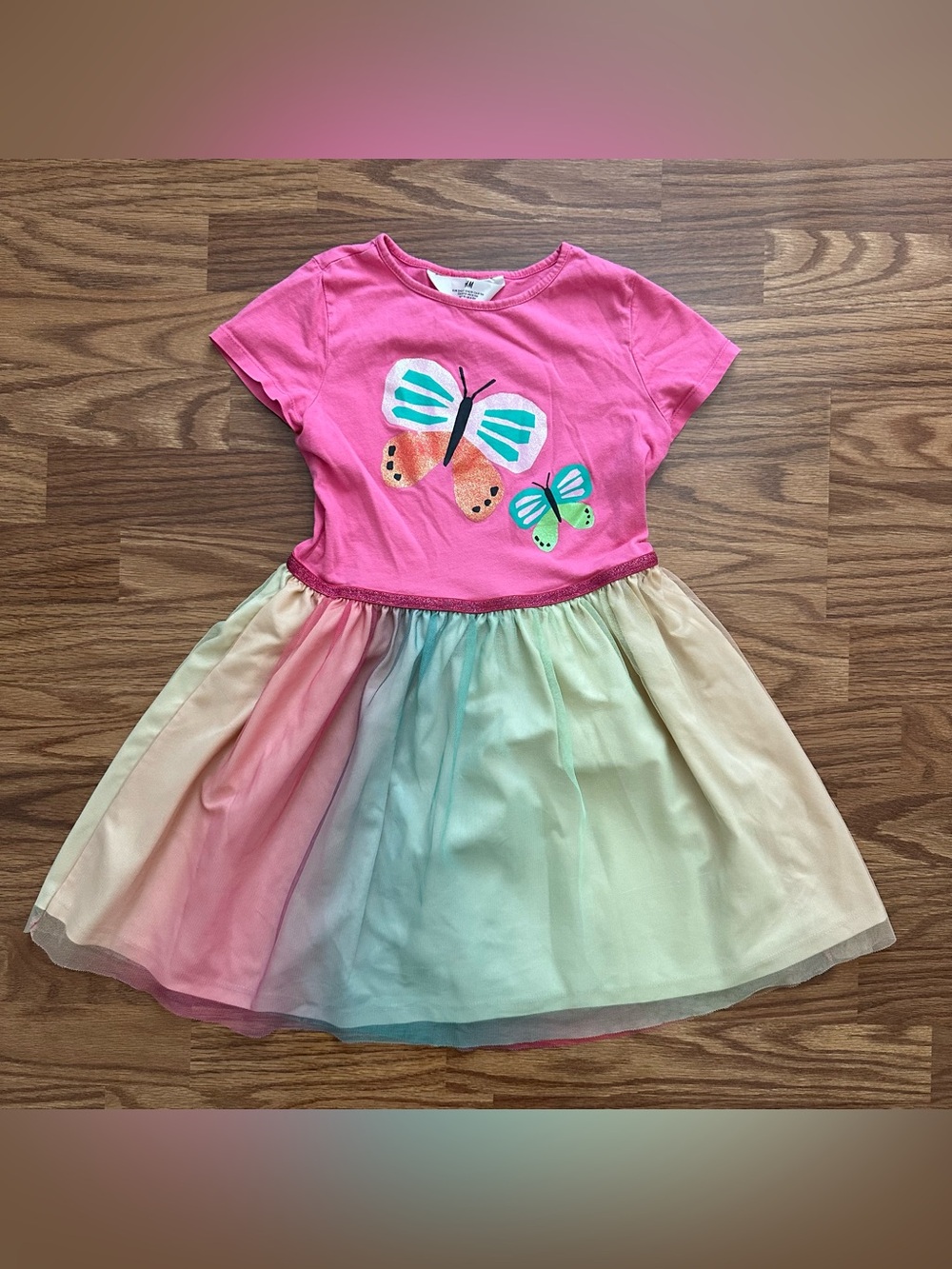 H&M Girls 8-10 Short Sleeve Spring Summer Dress Butterflies Pink Tulle GUC!